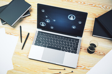 Aufkleber - Modern computer monitor with social network icons concept. Marketing and promotion concept. 3D Rendering