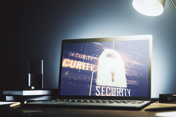 Poster - Creative idea concept with lock symbol and microcircuit illustration on modern laptop screen. Protection and firewall concept. 3D Rendering