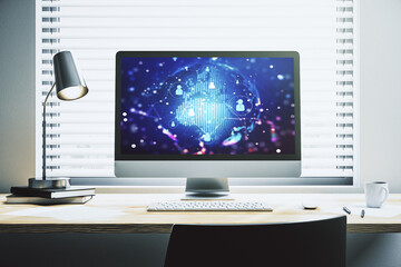 Aufkleber - Social network concept with world map on modern laptop screen. 3D Rendering