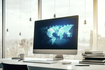 Aufkleber - Abstract creative digital world map on modern laptop monitor, tourism and traveling concept. 3D Rendering
