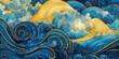 Magical fairytale ocean waves art painting. Unique blue and gold wavy swirls of magic water. Fairytale navy, indigo yellow sea waves. Children’s book waves, kids nursery cartoon illustration by Vita