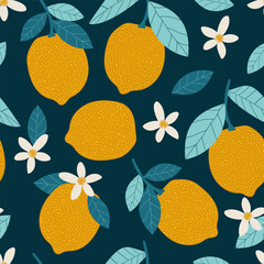 Wall Mural - Lemons are porous with leaves. Tropical summer fruit citrus seamless pattern with on dark blue background for textile. Vector.