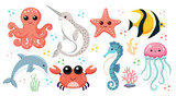Fototapeta Dinusie - Cute sea animals, set of illustrations with aquatic inhabitants of the ocean, octopus and narwhal, starfish and yellow fish, dolphin and crab, seahorse and jellyfish