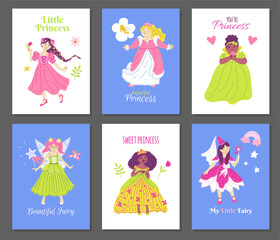 Pretty multi ethnic princesses collection postera set, fairy tale girls in beautiful dresses vector cartoon fashion