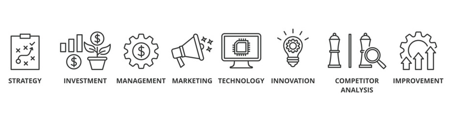 Business development banner web icon vector illustration concept with icon of strategy, investment, management, marketing, technology, innovation, competitor analysis, improvement