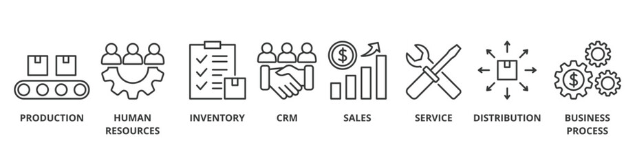 Enterprise resource planning banner web icon vector illustration concept with icon of production, human resources, inventory, crm, sales, service, distribution, business process