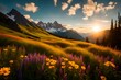 Majestic mountain peaks bathed in the golden glow of sunrise, surrounded by vibrant wildflowers in a lush alpine meadow.