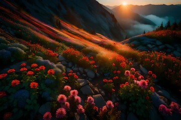 Wall Mural - Misty mountain slopes adorned with a tapestry of colorful flowers, creating an ethereal atmosphere under the soft light of dawn.