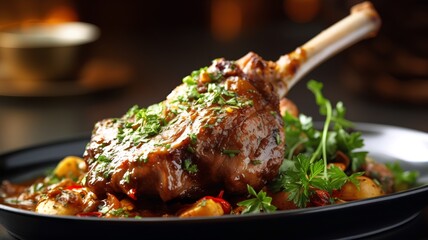 Roasted lamb leg with stewed potatoes and parsley on a plate