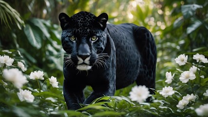 Wall Mural - Portrait of a black jaguar in the forest, flower , in the fantasy jungle,