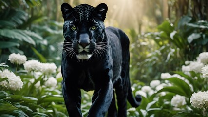 Wall Mural - Portrait of a black jaguar in the forest, flower , in the fantasy jungle,