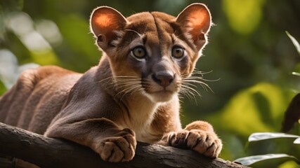 Wall Mural - Malagasy fossa on the tree , portrait , wild animal photography ,Madagascar fossa. Apex predator, lemur hunter. General view, fossa male with long tail in natural habitat. Shades of brown and orange. 