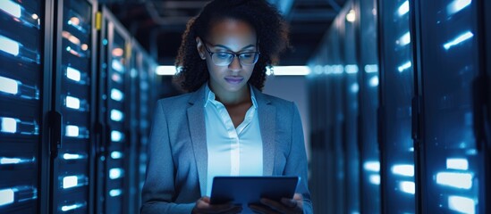 Poster - Multiracial IT specialist using tablet in data center, focusing on screen and working with server farm cloud computing. Businesswoman, e-commerce entrepreneur.