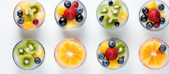 Wall Mural - Top view of fresh, healthy, organic fruit salad in glasses with orange, kiwi, blueberries, pineapple, and coconut.