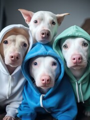 Poster - Four dogs wearing hoodies and sitting on a couch. Generative AI.