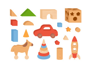 Set wooden toys icons made of natural wood, flat vector illustration isolated.