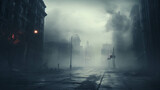 Fototapeta Uliczki - The city looks quiet and desolate, with a hair-raising fog atmosphere all the time.