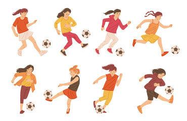 Canvas Print - Girls playing soccer vector set, run to score a goal, cartoon teenagers playing football, kick the ball, sport activity