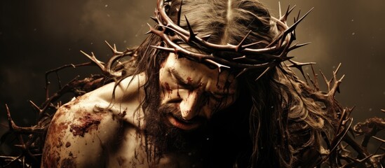 Fototapeta jesus christ, harmed and bloody with thorny crown, portrayed in sepia.