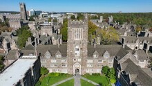 Crowell Quad At Duke University. Aerial Rising Shot Revealing Chapel And Campus During Autumn.