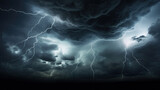 Fototapeta Sport - lightning in the night sky, Thunderous dark sky with black clouds and flashing lightning. Panoramic view. Concept on the theme of weather, natural disasters, storms, typhoons, tornadoes, thunderstorms
