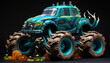 Create a monster truck inspired by the depths of the ocean. Add elements like fish scales, seaweed, and a submarine-like appearance to make it look like it's crushing