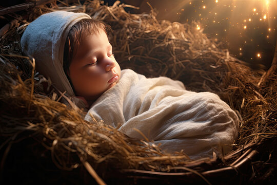 The nativity of Jesus, Baby Jesus is lying in the manger on the hay with heaven light