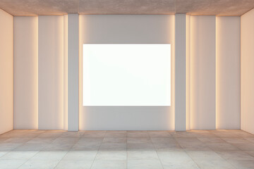 Poster - Modern empty gallery room interior with white mock up poster on illuminated light wall. 3D Rendering.