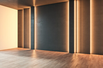 Poster - Contemporary empty gallery room interior with mock up place on illuminated dark wall. 3D Rendering.