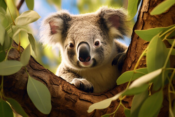 Poster - A contented koala nestled in the crook of a eucalyptus tree, munching on leaves in a state of bliss.