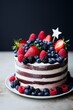 Cake decorated with stripes and berries to resemble the American flag, Independence day celebration idea