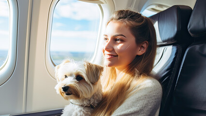 Wall Mural - Young, happy girl sitting in an armchair holding a small purebred dog on her lap. Smiling girl looking out the window, in the plane, enjoying the view.