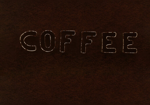 Coffee alphabet letter word bead fly with powder seed. Coffee roasted concept to refresh morning work. black Coffee mix bean dust powder,  word made from letters concept. isolated on white background