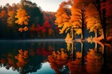 Fototapeta Panele - A serene, misty morning over a tranquil lake embraced by vibrant autumn foliage mirrored in the still waters.