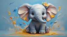 Elephant Baby Sitting On Blue Background. Can Be Used For Baby Shower Invitation Banner Design. 