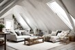 A cozy attic retreat with slanted ceilings and a blank frame adding elegance to the intimate space.