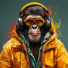Ape With Headphone On, A Gorilla Wearing Headphones And A Jacket.