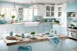 A coastal-themed kitchen with sea-blue accents, seashell decor, and whitewashed cabinets evoking a beach house vibe.