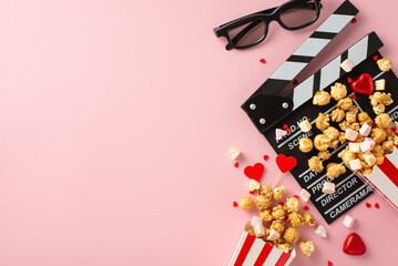 Wall Mural - Valentine's movie enchantment. Top-view image with clapper, 3D glasses, striped popcorn boxes, heart decor, sweets, sprinkles on pastel pink, creating perfect setting for romantic film night