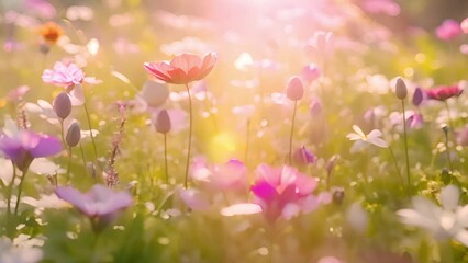 Wall Mural - Beautiful wildflowers spring colors. Nature backdrop. Beautiful Meadow with wild flowers over sunset sky. Beauty nature field background with sun flare. Easter nature backdrop. Bokeh, Silhouettes of w