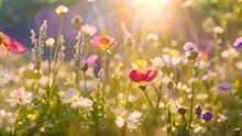 Beautiful Wildflowers Spring Colors. Nature Backdrop. Beautiful Meadow With Wild Flowers Over Sunset Sky. Beauty Nature Field Background With Sun Flare. Easter Nature Backdrop. Bokeh, Silhouettes Of W