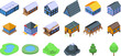 House near mountain lake icons set isometric vector. Cozy valley. Rural cottage