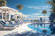 Luxurious Swimming Pool And Loungers, a pool with lounge chairs and umbrellas.