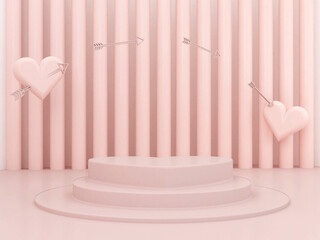 Wall Mural - 3d render. Minimal scene with podiums to show a product
with heart. Pink pastel colors scene with geometrical forms. platforms and stair in background. Elegant, trendy scene for valentine's day