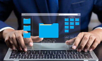 Fototapete - Document management system concept (DMS), Businessman working laptop virtual screen icons folder and document management system, Software for archiving, Searching and managing files corporate document