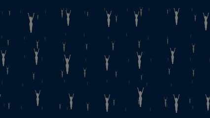 Poster - Woman stretches symbols float horizontally from left to right. Parallax fly effect. Floating symbols are located randomly. Seamless looped 4k animation on dark blue background