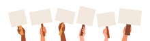 Hands Holding Blank Placards, Sign Boards On Sticks Set. Arms With Empty Posters Backgrounds On Poles. Banners, Signboards On Handles For Strike. Flat Vector Illustrations Isolated On White Background