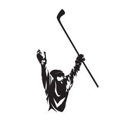 Poster - Hockey player, goal celebration, isolated vector silhouette, ink drawing. Ice hockey logo