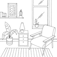 Living room graphic black white home interior sketch illustration vector 