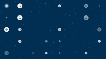 Poster - Template animation of evenly spaced gramophone record symbols of different sizes and opacity. Animation of transparency and size. Seamless looped 4k animation on dark blue background with stars
